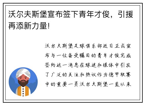 沃尔夫斯堡宣布签下青年才俊，引援再添新力量!
