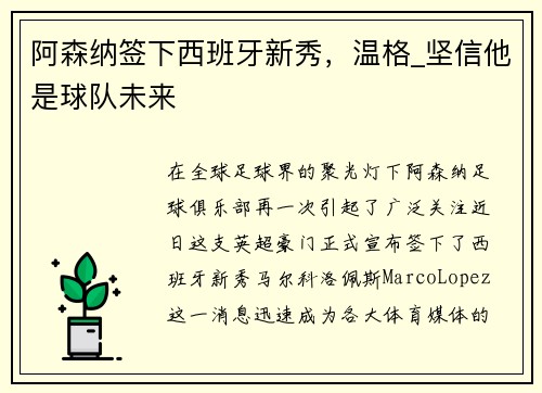 阿森纳签下西班牙新秀，温格_坚信他是球队未来